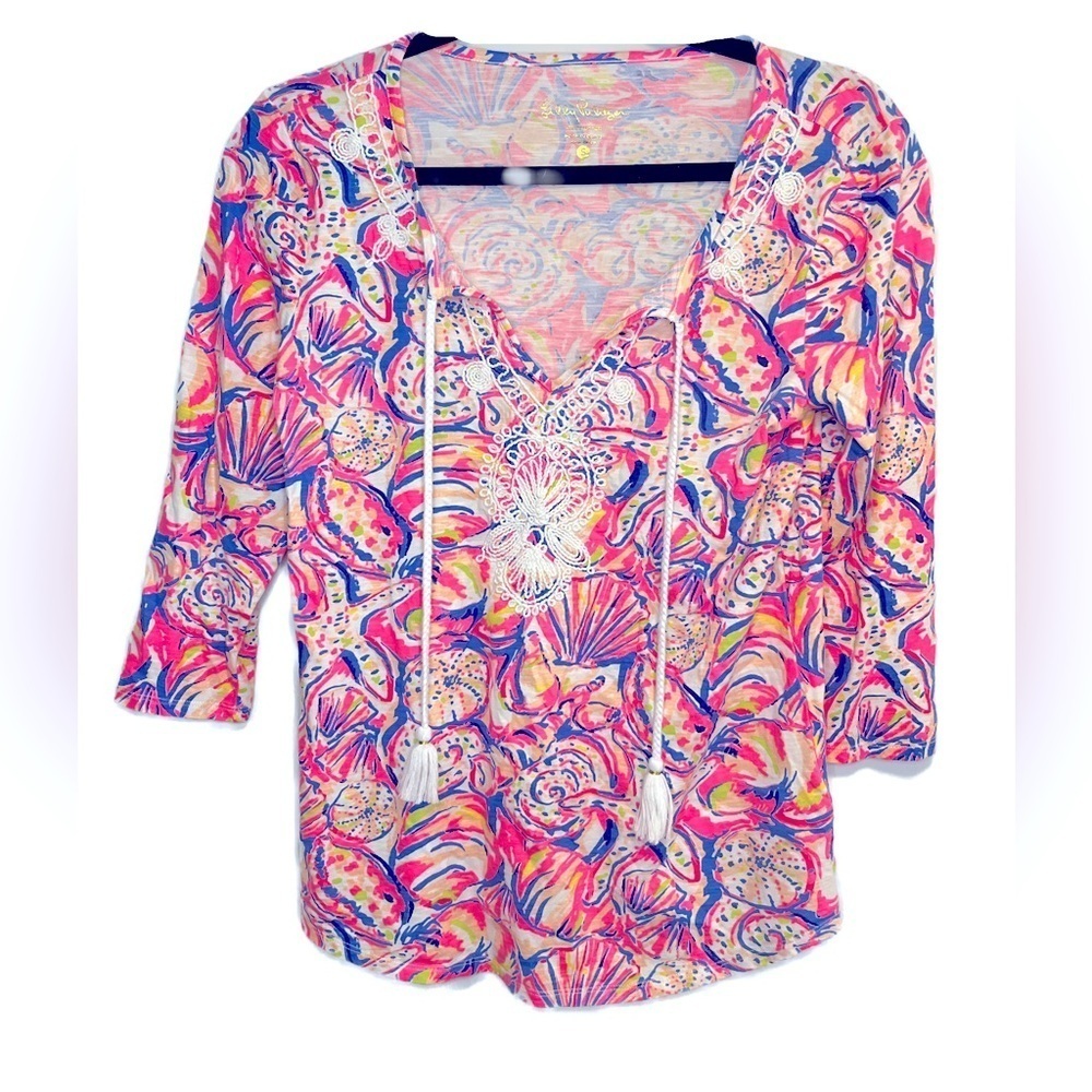 Lilly Pulitzer Holly Top Multi Shell of a Time Tassel Tie Neck Sz S
